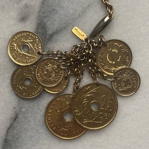 Vintage Monet Amorelle Goldtone Coin Necklace Lariat Chain Belt 1968 BOOK PIECE